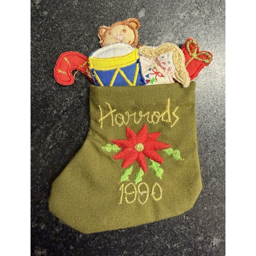 Vintage 1990 Harrods Christmas Stocking Fabric Brooch Pin Holiday Toy Sack